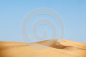 Two people walking in desert dunes