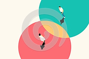 Two people walking in different circles overlaps with each other as symbol of consensus of opinions