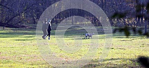 Two people walking with Dog on green Lawn