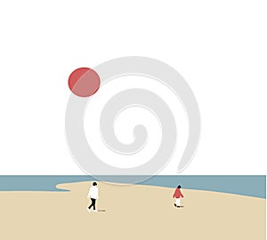 Two people walking down the beach make distant. hand drawn style vector design illustrations.