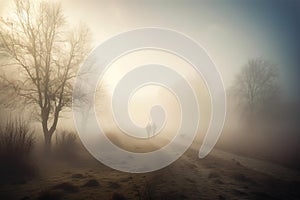 two people walking down a foggy road with trees in the background and a dog on the side of the road in the foreground