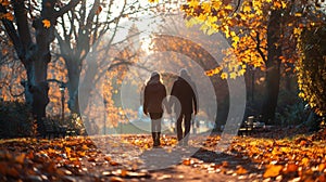 Two People Walking Down a Leaf Covered Path