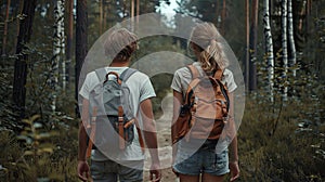 Two people are walking in a forest, one of them is wearing a backpack