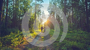 Two people are walking in a forest with a sun shining through the trees