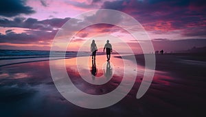 Two people walking on sand, holding hands at sunset generated by AI