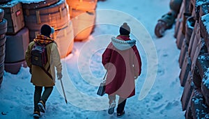 two people walking in the snow generated