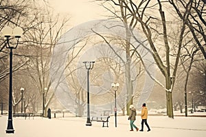 Two people walking in the snow in a park, AI