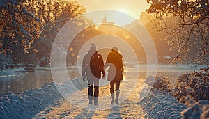 Two people walking in winter forest at sunset generated by AI