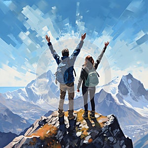 Two people waving on top of a mountain, successful climb, midjourney AI-generated