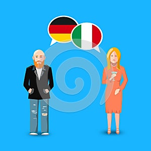 Two people with white speech bubbles with Germany and Italy flags. Language study concept illustration