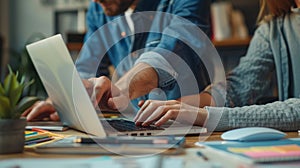 two people working at a desk with a laptop, surrounded by colorful sticky notes, pens, and a notebook, indicating a