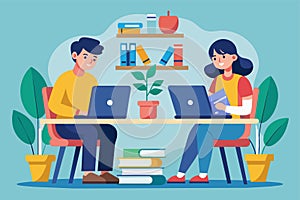 Two People Working on Laptops at Table, Two students sitting at table with laptop and pile of books, Simple and minimalist flat