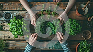 Two people are working on a project involving plants