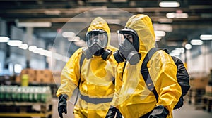 Two people in yellow protective suits walking in a warehouse