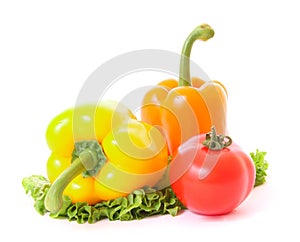 Two peppers and tomato on green salad