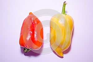 Two peppers on a white background are parallel. Paprika pepper. Bell pepper. Healthy food. Recipes and cooking. Natural healthy