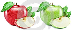 Two perfect same green and red apples fruit, slices and apple leaves isolated on white background