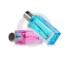Two perfume bottles with reflections isolated on white background