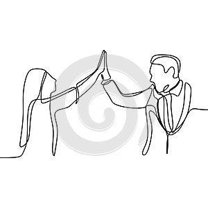 Two person rising his hand and toss a high five. Continuous line drawing of a office man and a girl finishing or dealing their