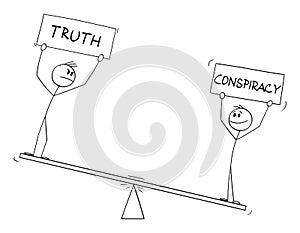 Two Persons on Balance Scales Holding Conspiracy and Truth Signs , Vector Cartoon Stick Figure Illustration