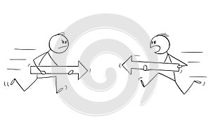 Two Persons or Businessmen Fighting About Direction Choice , Vector Cartoon Stick Figure Illustration