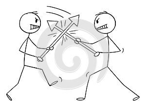 Two Persons or Businessmen Fighting About Direction Choice , Vector Cartoon Stick Figure Illustration