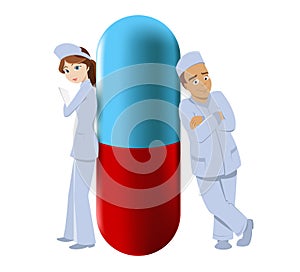 Two pharmacists with big pill