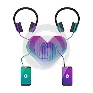 Two phones connected to headphones and cords forms hearts.
