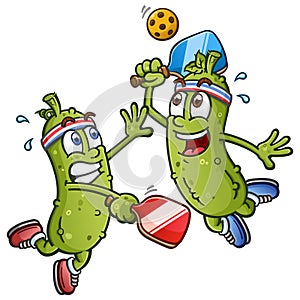 Two pickle cartoons engaged in a fierce pickleball match