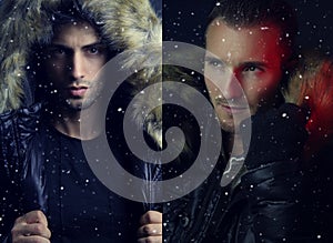 Two pictures of two men wearing a padded jacket with a fur hood