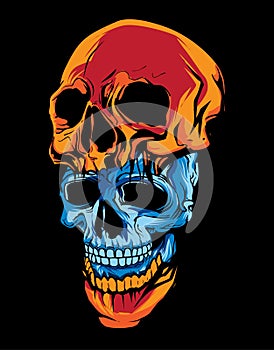 two piece of blue and orange skull head in dark background
