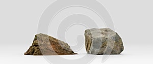 Two piece Isolated realistic rocks in white background, 3d Rendering