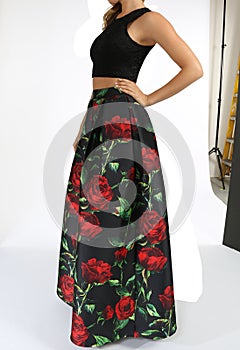 Two-Piece Sleeveless Lace Crop Top and Printed Long Skirt Dress