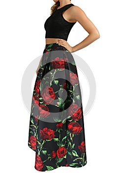 Two-Piece Sleeveless Lace Crop Top and Printed Long Skirt Dress