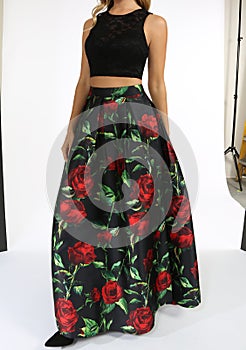 Two-Piece Sleeveless Lace Crop Top and Printed Long Skirt Dress