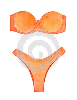 Two pieces bikini swimsuit in positive bright orange color. Symbol of summertime, beach, relaxing, seashore vacations.
