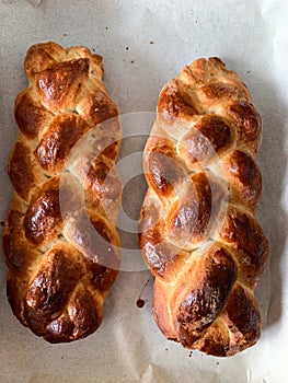 Two pieces of bread with brown crusts