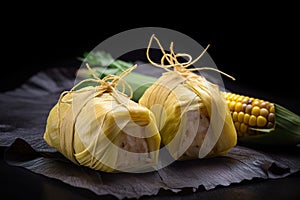 Two pieces of food wrapped in yellow cloth. AI generative image photo