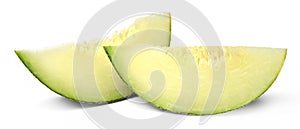 Two pieces of fresh ripe melon on a white isolated background. Close-up.