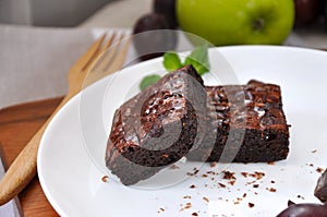 Two Pieces of Fudge Brownies on White Plate