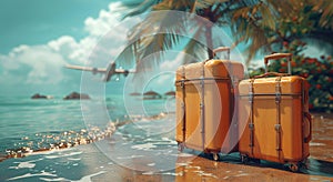 Two pieces of luggage standing on beach of sunny summer tropical vacation resort with plane flying.Macro.AI Generative