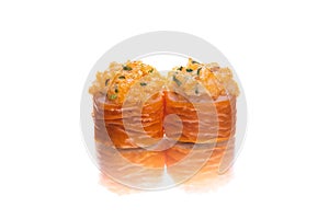 Two pieces of Maki sushi roll with hard cheese on top isolated on white background with reflection