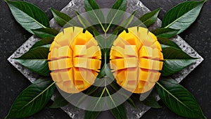 Two pieces of mangoes are arranged on a black background, AI