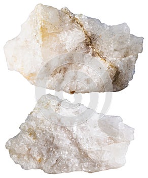 Two pieces with scheelite mineral stone isolated