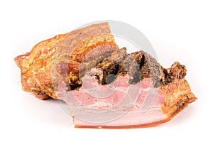 Two pieces of smoked brisket with a layer of bacon on white background. Meat products