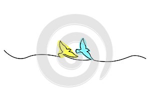 Two pigeons in blue yellow colors of Ukrainia flag, dove of peace with olive branch. Vector illustration. stock image.