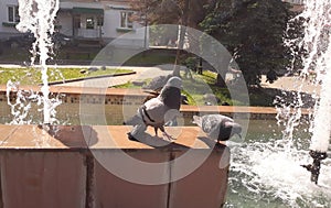 Two pigeons in a city fountain