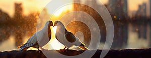 Two pigeons Sharing a Sunset Moment. A pair of lovebirds silhouette, their beaks touching in a tender display of