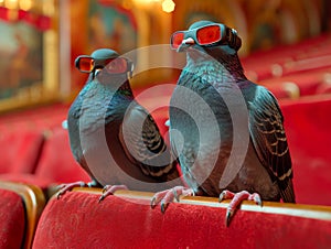 Two pigeons sitting on the red chairs and watching the show