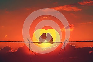 Two pigeons on a wire at sunset,meets heart, photo-realistic landscapes, backlight, love and romance